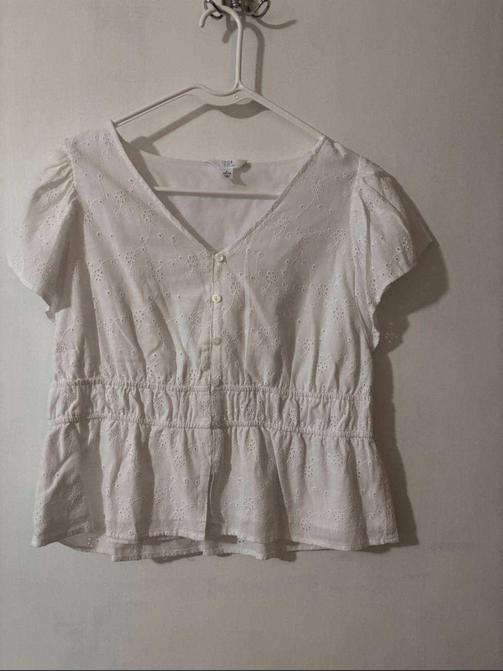 Time and Tru White Eyelet Button Peplum Blouse
